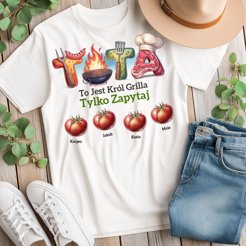 Koszulka: Tata Król Grilla – Personalizowany Prezent z Imionami Dzieci