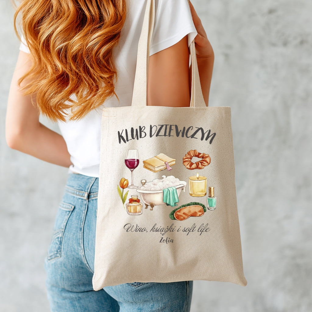 Personalizowana Torba "Klub Dziewczyn" – Twoje Imię, Soft Life, Wino i Książki, Prezent dla Niej, Stylowa Shopperka