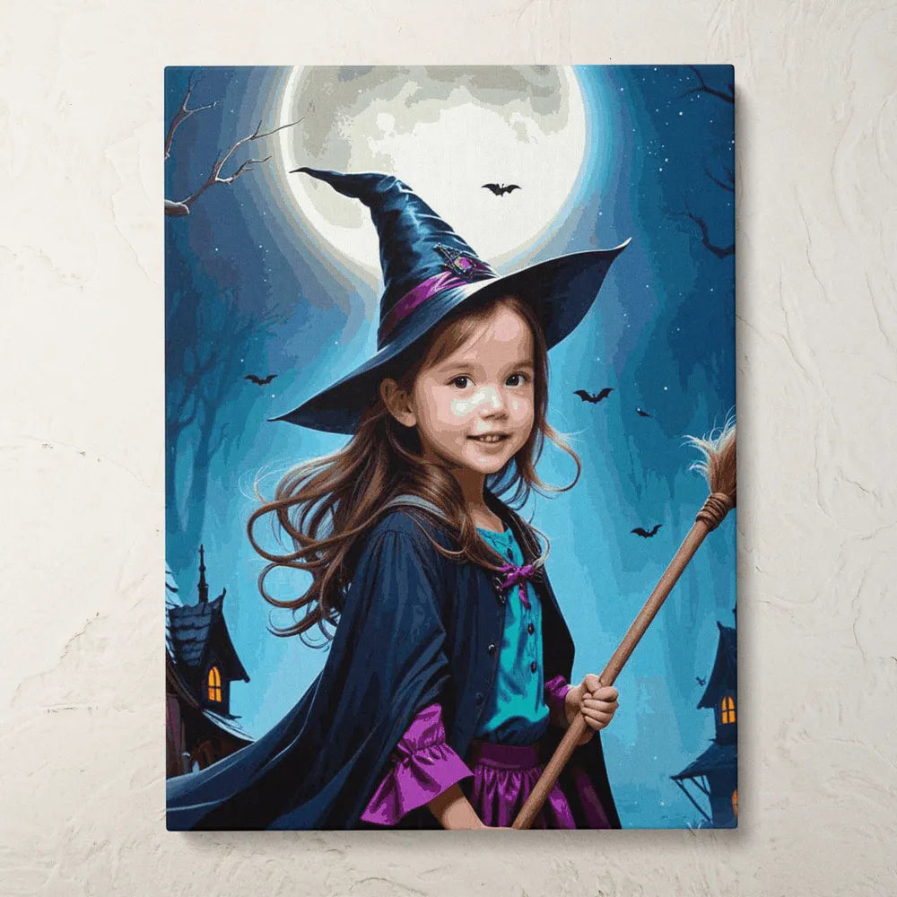 Zestaw do malowania po numerach „Mała czarownica w noc Halloween”.