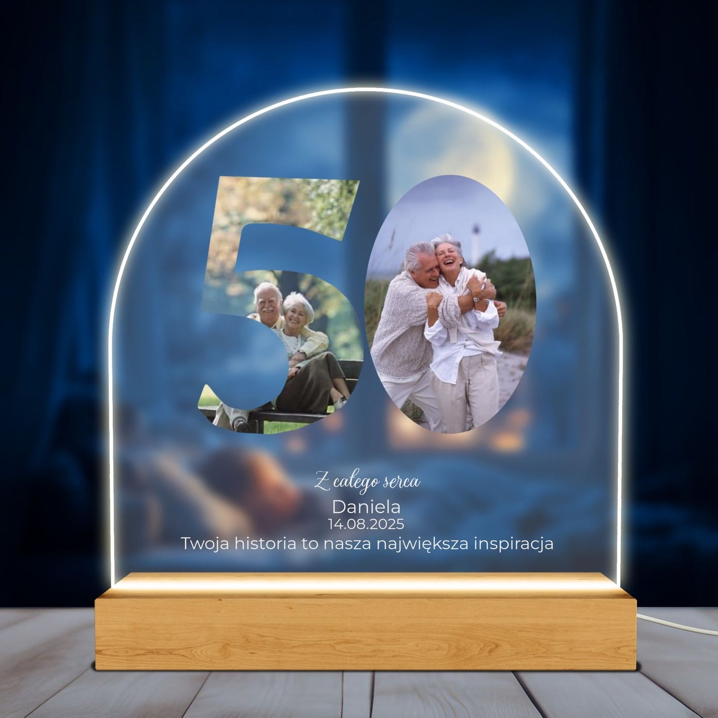 Lampka LED z grawerem i zdjęciem – Prezent na 50 Rocznicę Ślubu