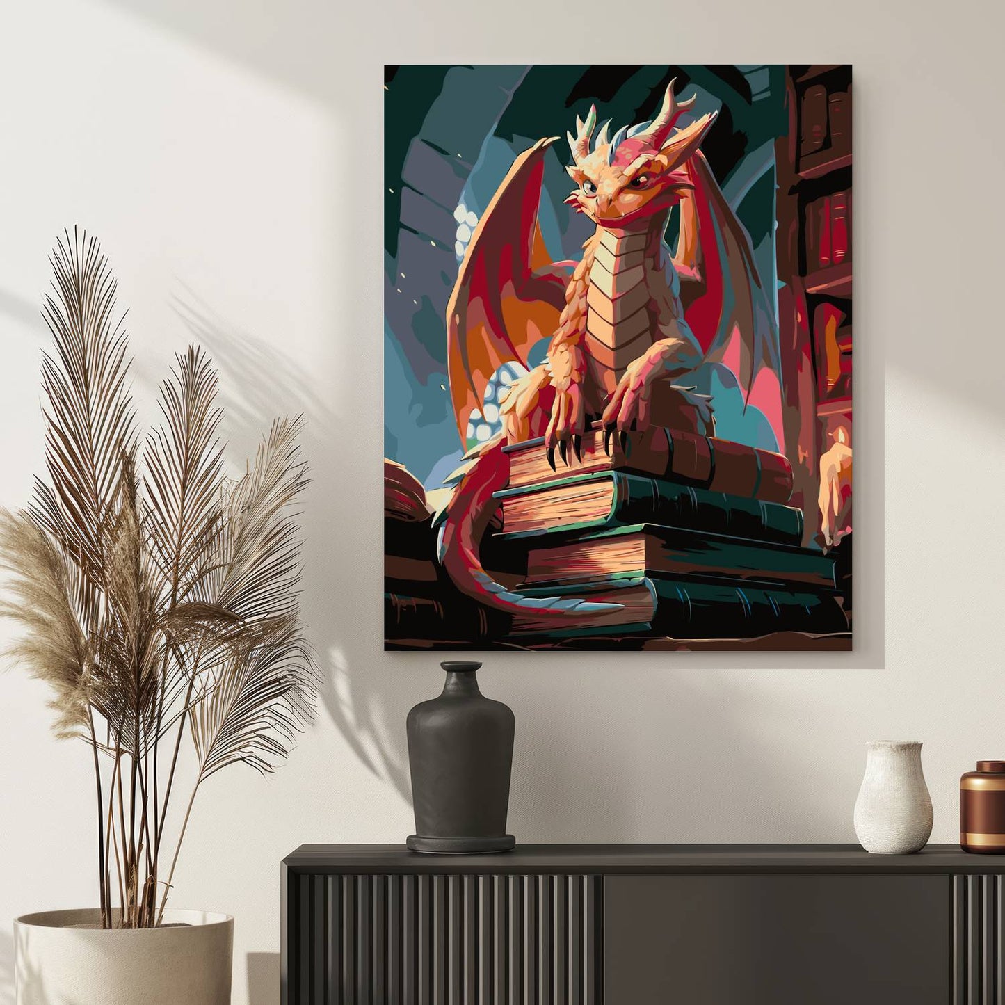 Obraz Po Numerach "Mądry Smok Bibliotekarz" – Malowanie po Numerach, Fantastyczne Klimaty i Magia Książek