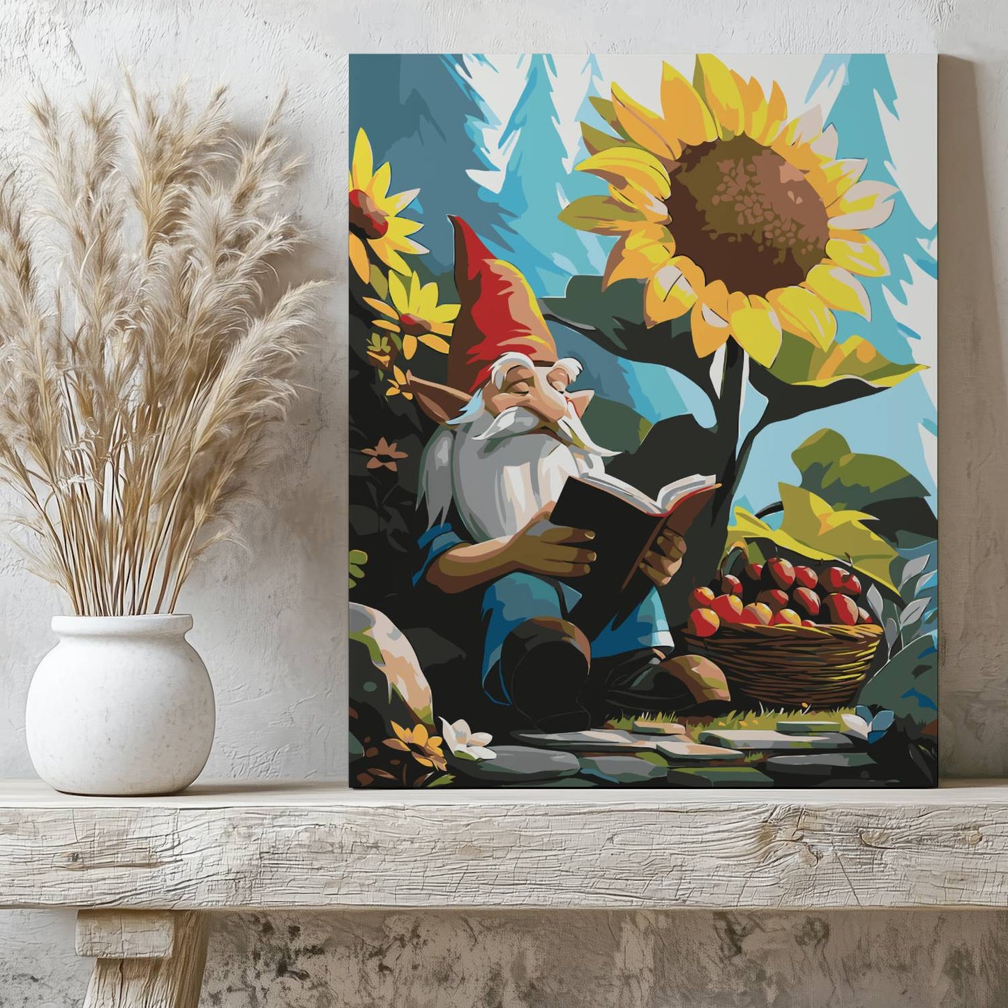 Obraz Po Numerach "Leśny Krasnal z Książką" – Malowanie po Numerach, Bajkowy Klimat i Letnia Beztroska