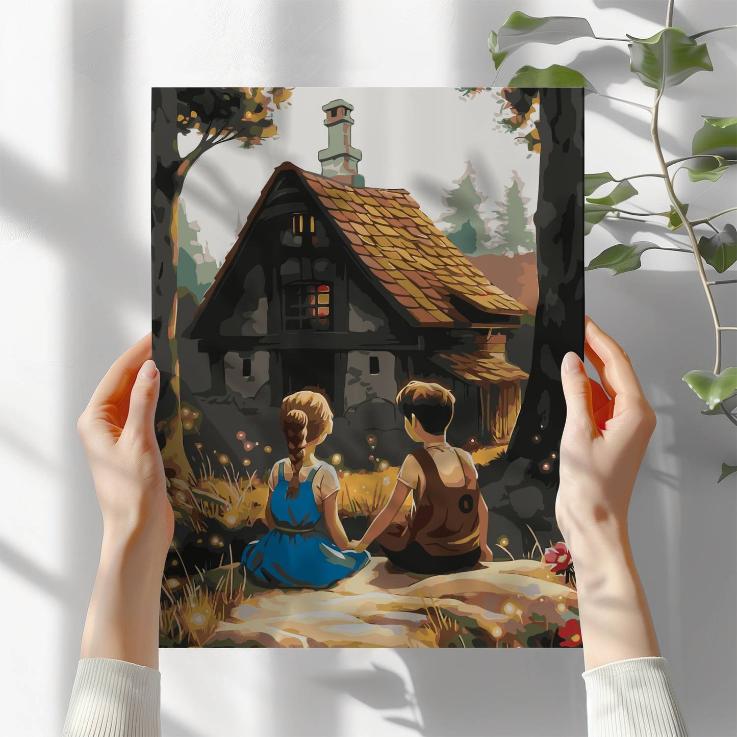 Obraz Po Numerach "Jaś i Małgosia przy Chatce" – Malowanie po Numerach, Bajkowa Przygoda i Magia Lasu