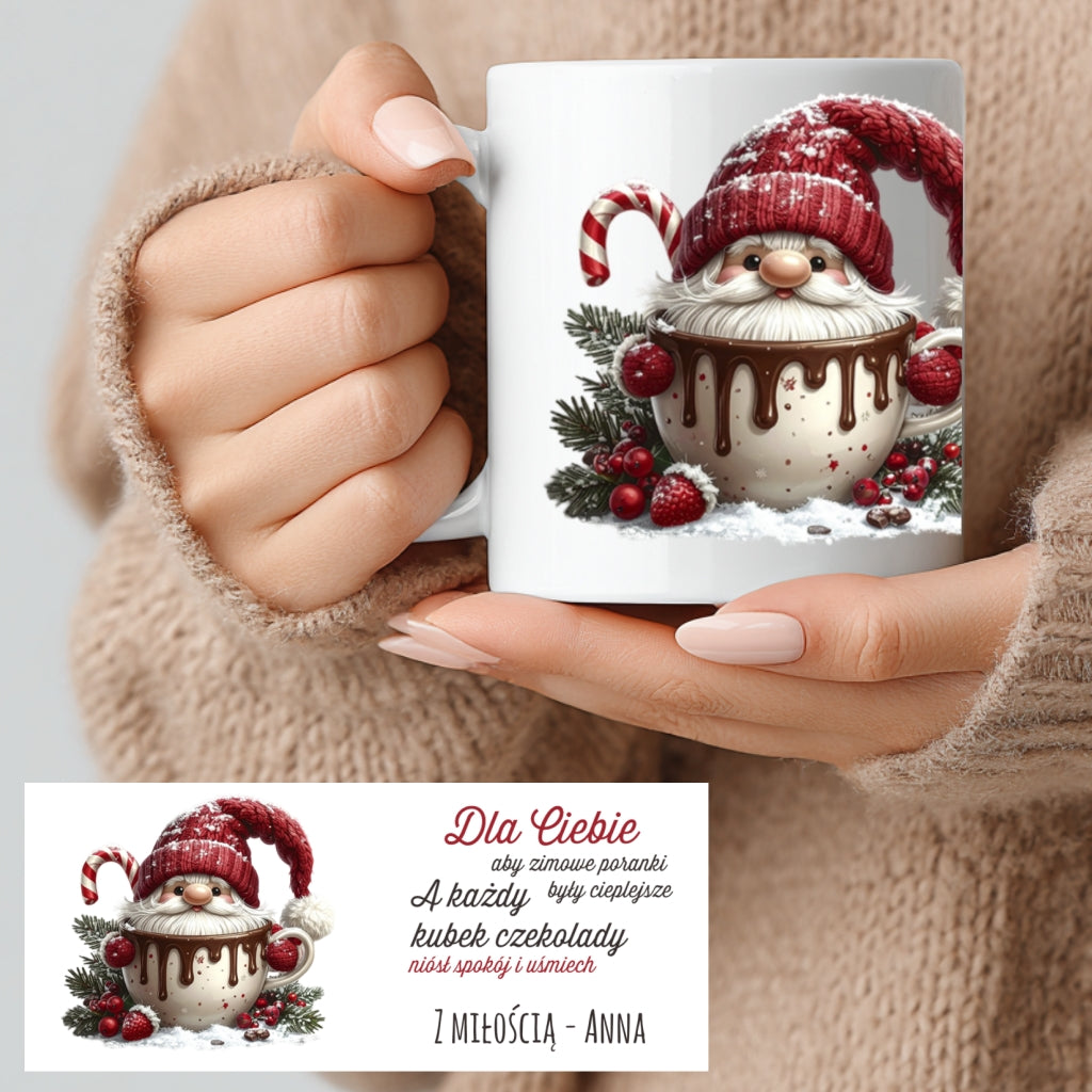 Personalizowany Kubek Świąteczny z Gnomem – Dedykacja, Imię, Magiczny Prezent na Zimę
