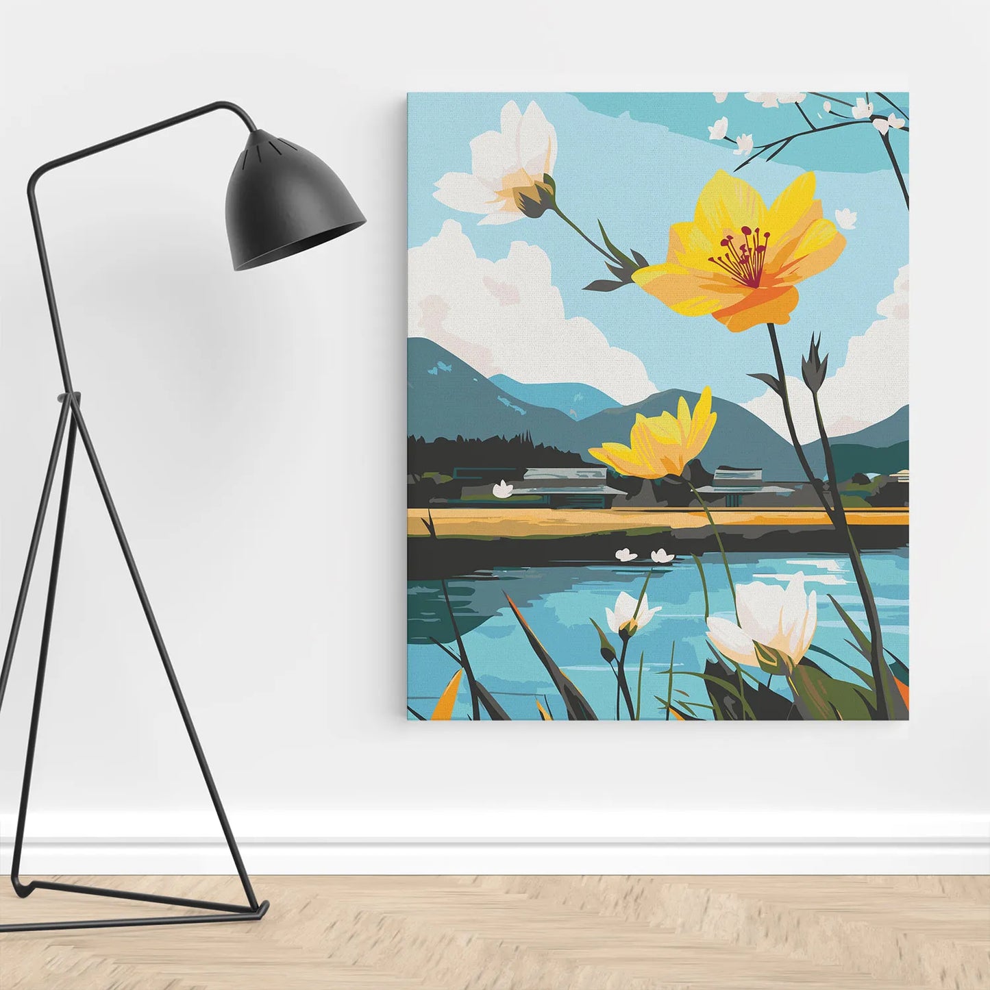 Obraz Po Numerach "Kwiaty nad Jeziorem" – Malowanie po Numerach, Zestaw Artystyczny, Relaks i Natura