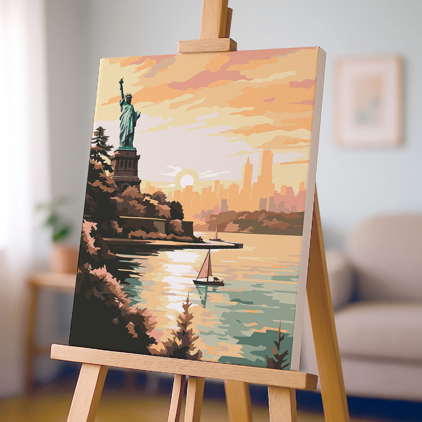 Statua Wolności i Nowy Jork o Zachodzie Słońca