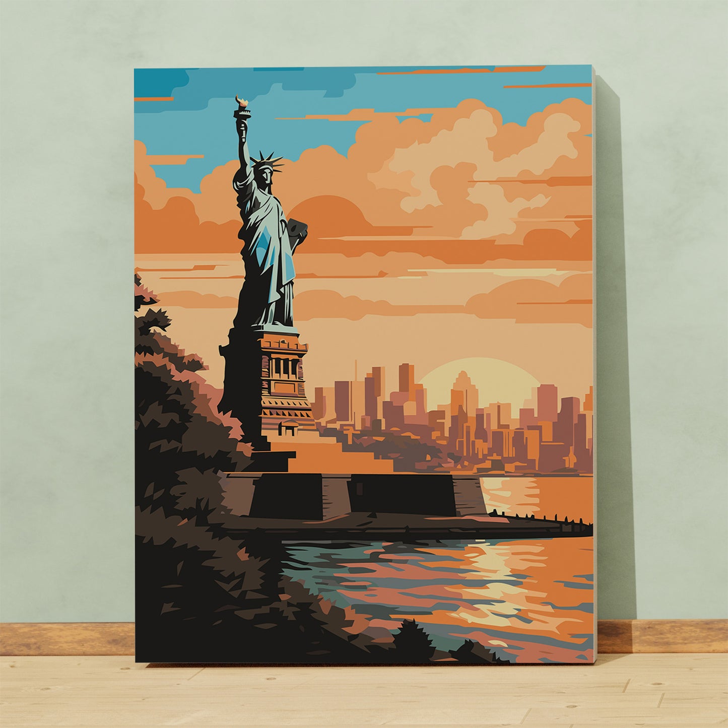 Statua Wolności i Panorama Nowego Jorku o Zachodzie