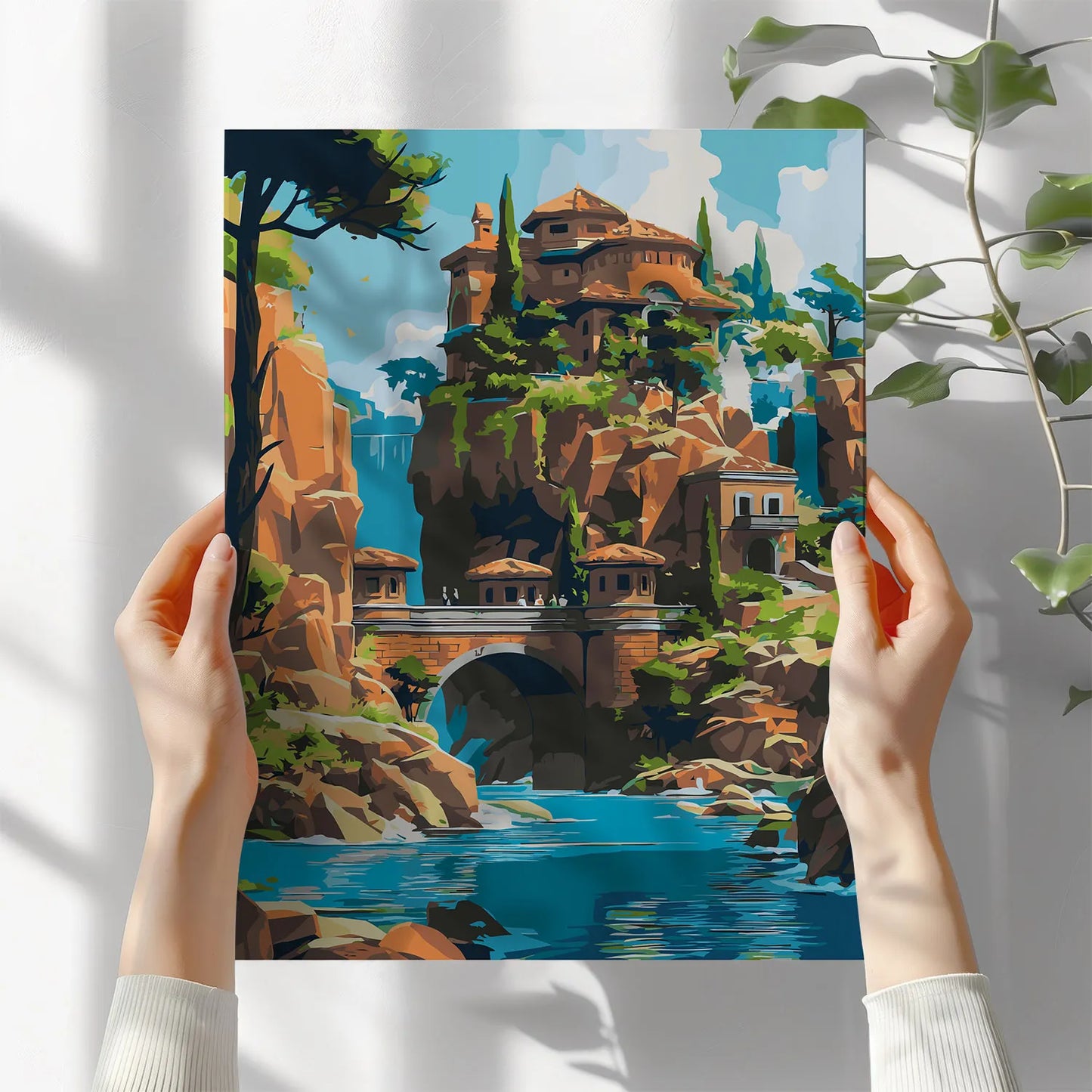 Obraz Po Numerach "Zamek nad Wodospadem" – Malowanie po Numerach, Bajkowy Krajobraz i Fantastyczna Architektura