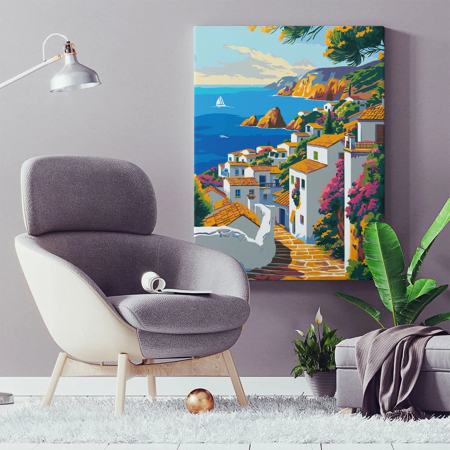 Obraz Po Numerach "Śródziemnomorska Wioska" – Malowanie po Numerach, Sztuka i Letni Klimat