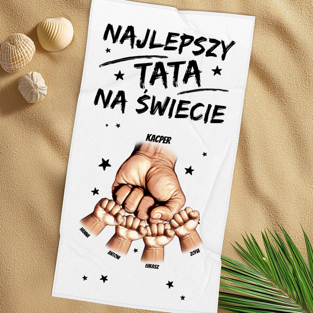 Ręcznik Personalizowany: Najlepszy Tata na Świecie – Z Imionami Dzieci i Pięścią
