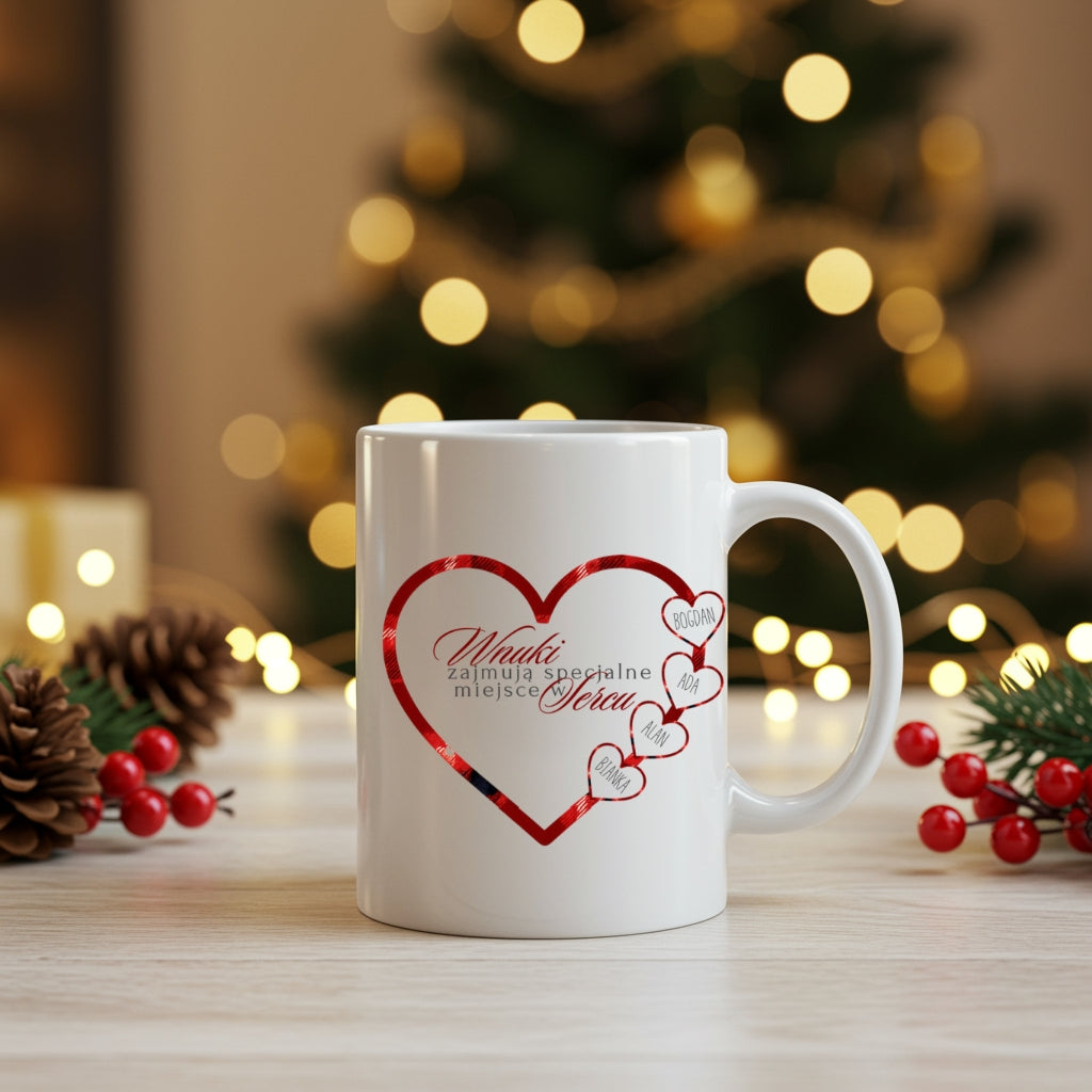 Personalizowany Kubek z Imionami Wnuków w Sercach – Idealny Prezent dla Babci i Dziadka na Święta