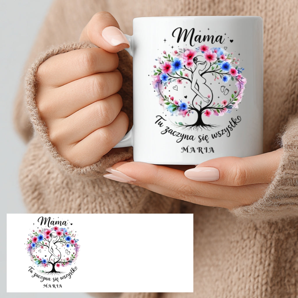 Personalizowany kubek „Mama – Tu zaczyna się wszystko” z imieniem – prezent na Dzień Matki – kubek dla Mamy 330 ml
