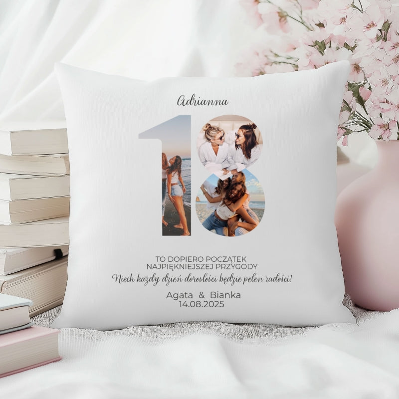 Personalizowana poduszka – Prezent na 18. urodziny ze zdjęciami i imieniem