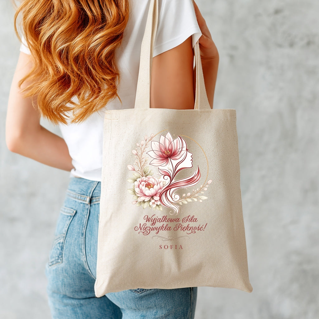 Personalizowana torba „Wyjątkowa Siła, Niezwykłe Piękno” z imieniem – eko shopper dla kobiety – elegancki prezent dla niej