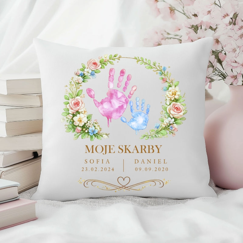 Personalizowana poduszka „Moje Skarby” z imionami dzieci – prezent na Dzień Matki – poduszka dekoracyjna dla Mamy