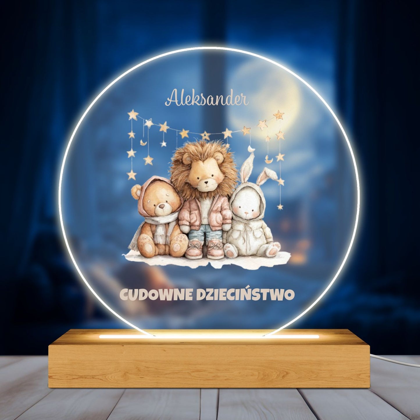 Personalizowana lampa akrylowa LED – Cudowne Dzieciństwo z imieniem