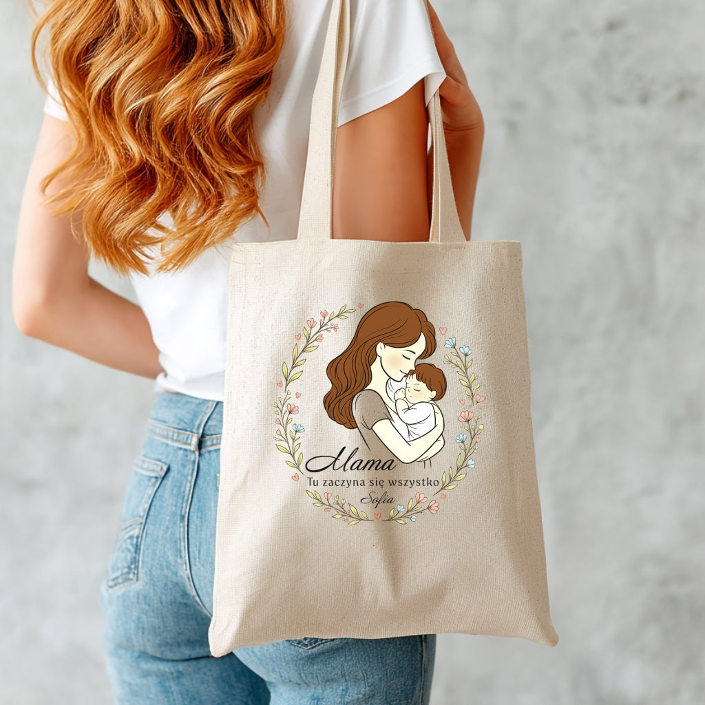 Personalizowana torba dla Mamy „Mama – Tu zaczyna się wszystko” – eko shopper z imieniem – prezent na Dzień Matki
