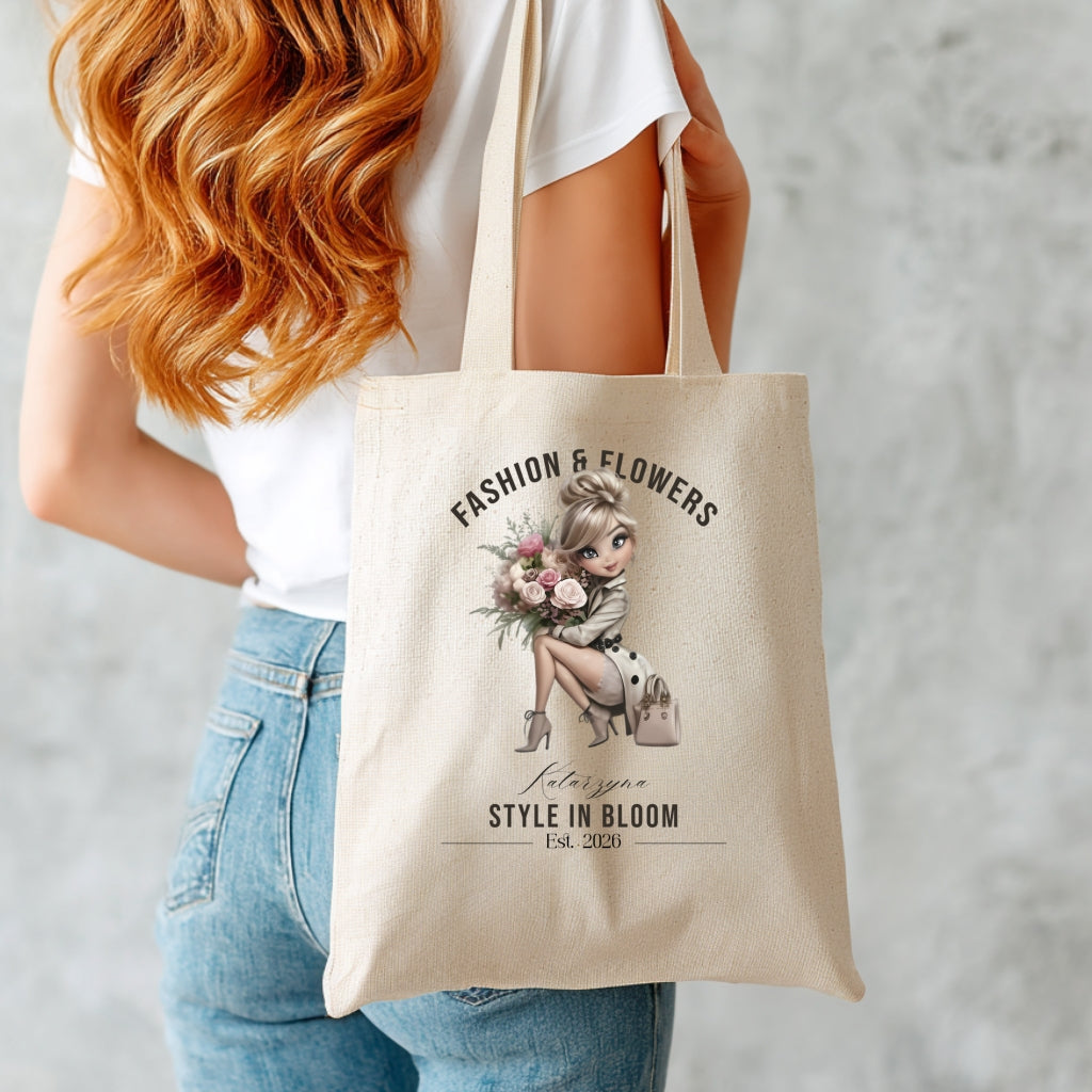Personalizowana Torba "Fashion & Flowers" – Twoje Imię, Stylowa Eko Shopperka z Grafiką, Prezent dla Miłośniczki Mody