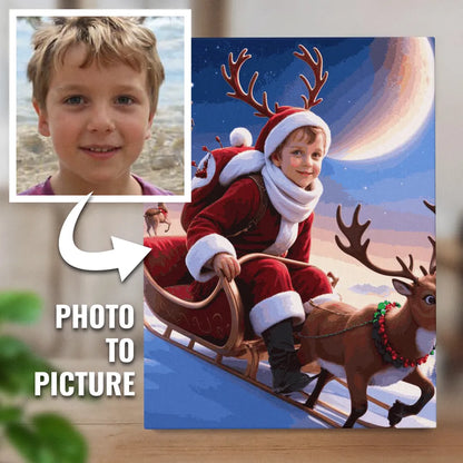 Zestaw do malowania po numerach „Magiczny kulig małego Mikołaja”.