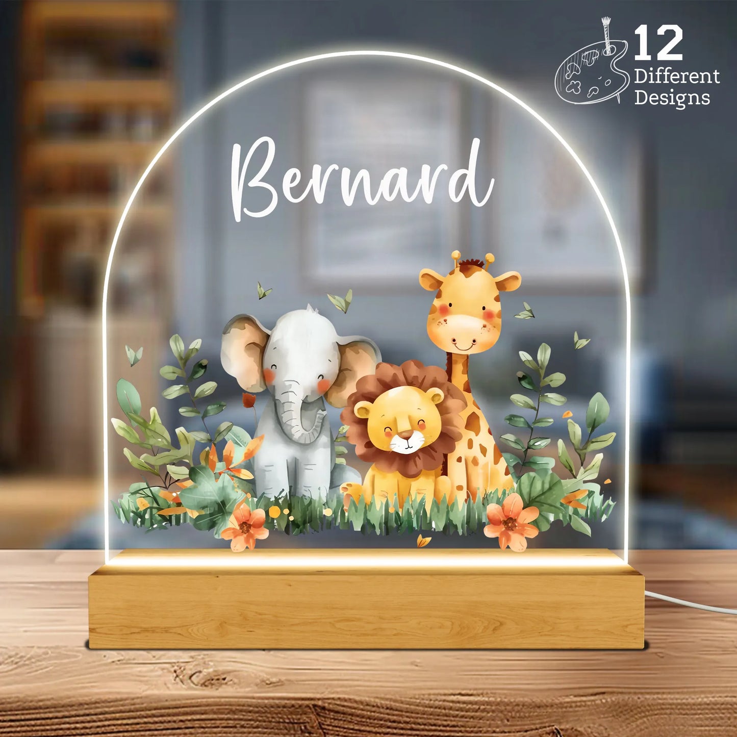 Spersonalizowana lampka nocna z leśnymi zwierzętami, prezent dla dziecka z okazji narodzin