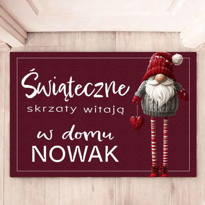 Świąteczne Skrzaty Witają w Domu – Personalizowana Wycieraczka z Długonogim Gnomem