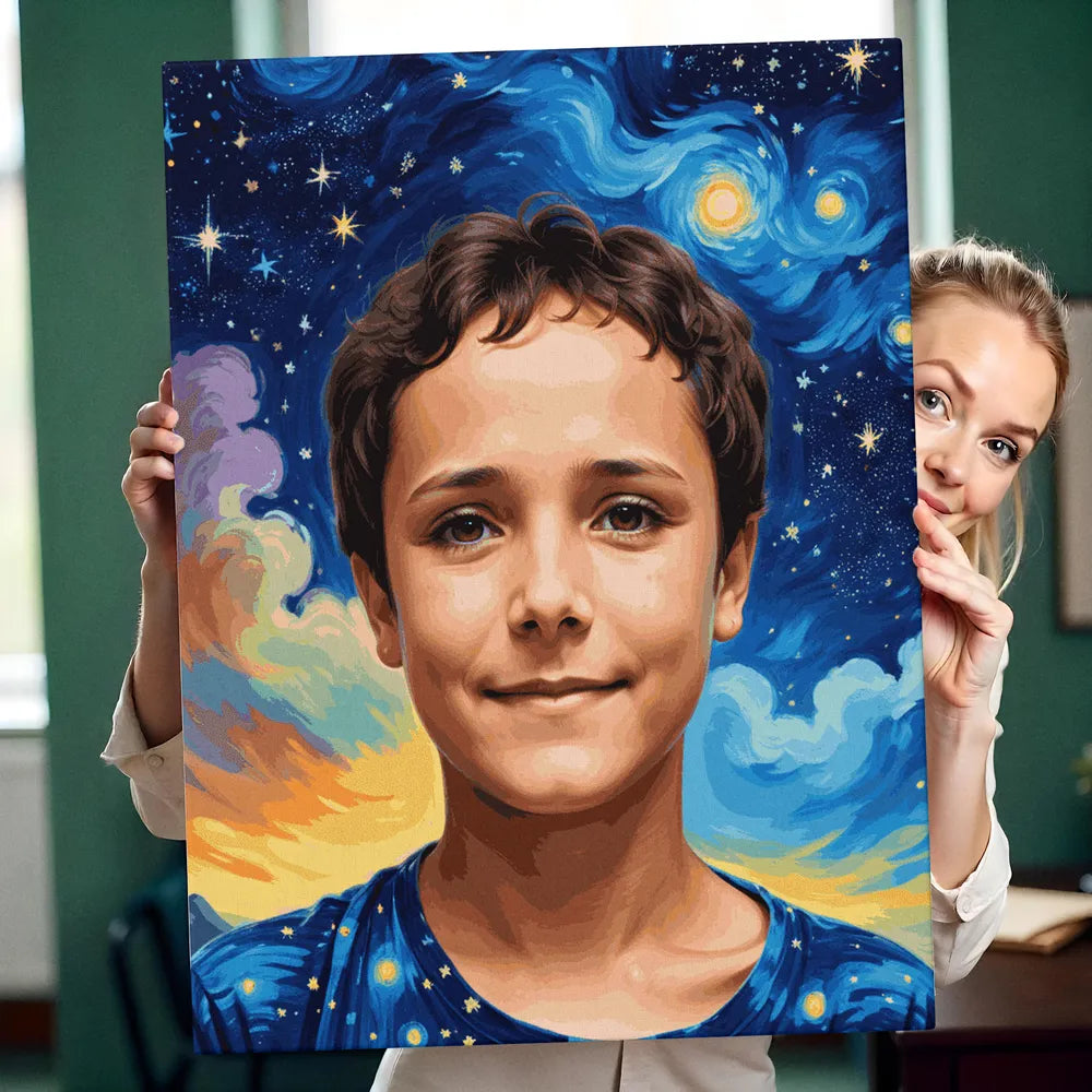 Zestaw do malowania po numerach „Portret mężczyzny gwiaździstej nocy”.