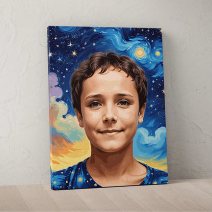 Zestaw do malowania po numerach „Portret mężczyzny gwiaździstej nocy”.