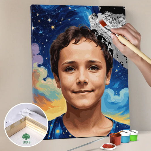Zestaw do malowania po numerach „Portret mężczyzny gwiaździstej nocy”.