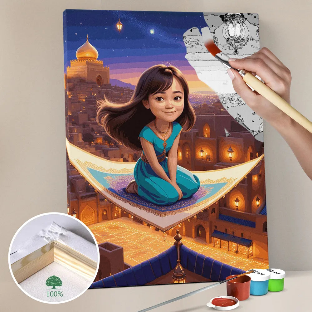 Zestaw do malowania po numerach „Magiczna przygoda na dywanie”.