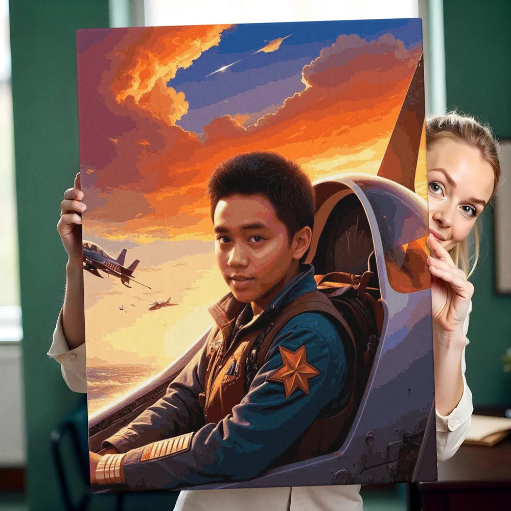 Zestaw do malowania po numerach „Pilot myśliwca o zachodzie słońca”.