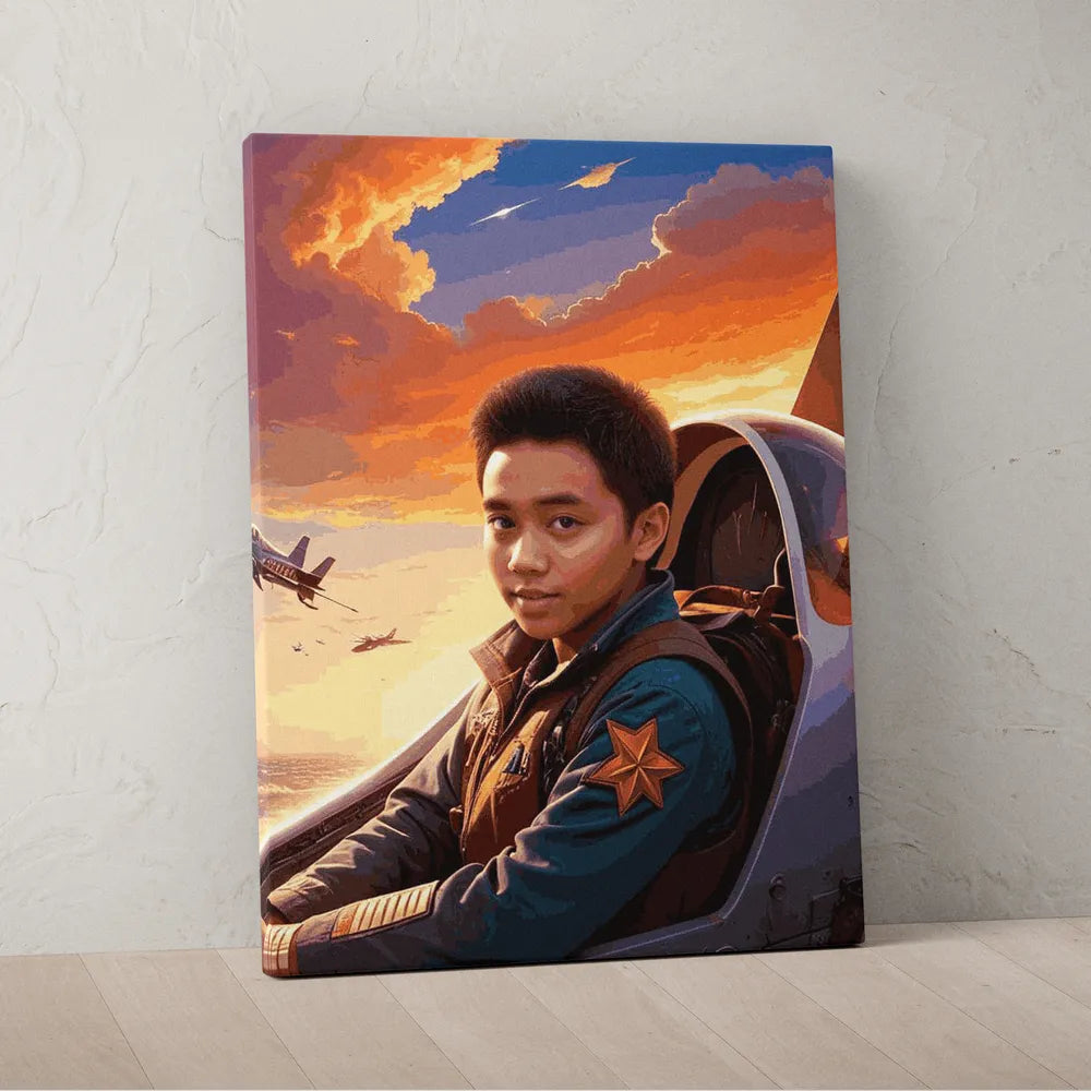 Zestaw do malowania po numerach „Pilot myśliwca o zachodzie słońca”.