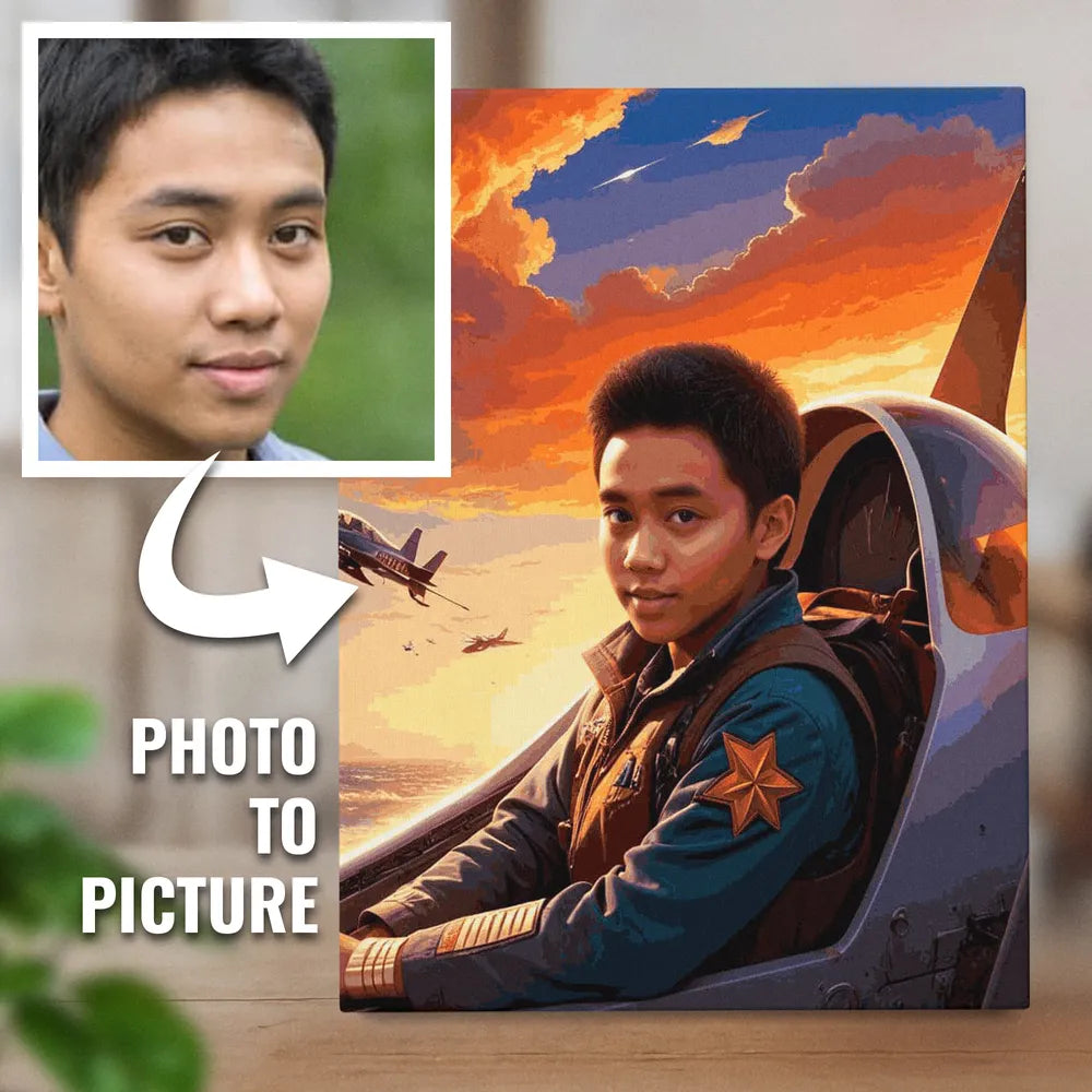 Zestaw do malowania po numerach „Pilot myśliwca o zachodzie słońca”.