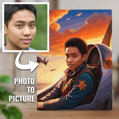 Zestaw do malowania po numerach „Pilot myśliwca o zachodzie słońca”.