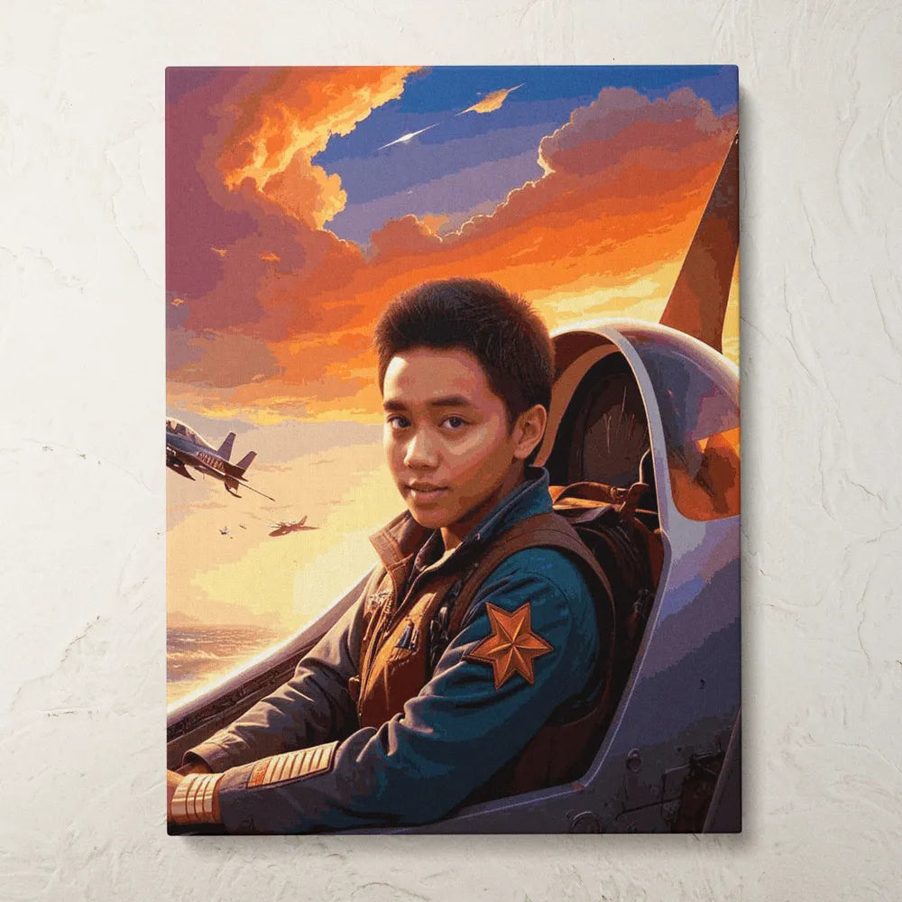 Zestaw do malowania po numerach „Pilot myśliwca o zachodzie słońca”.