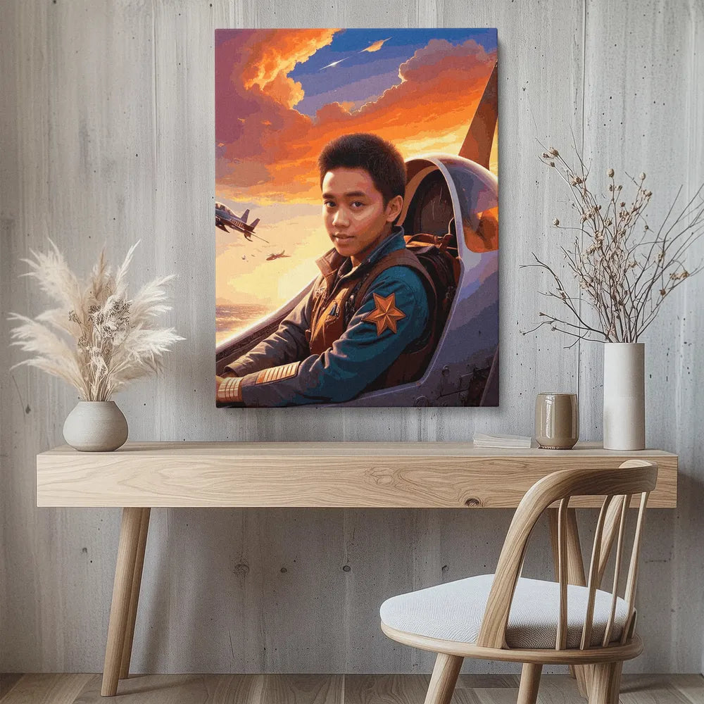 Zestaw do malowania po numerach „Pilot myśliwca o zachodzie słońca”.