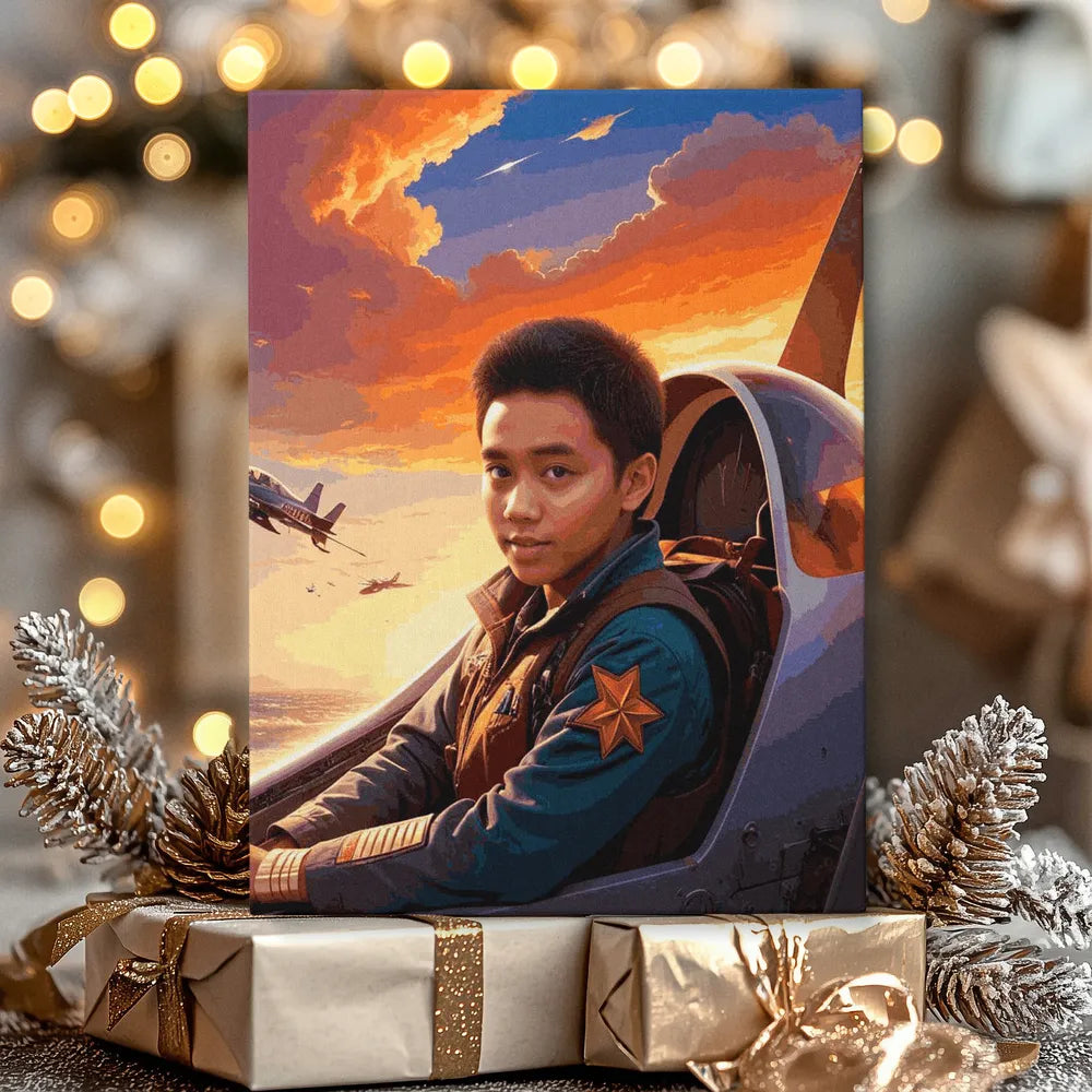 Zestaw do malowania po numerach „Pilot myśliwca o zachodzie słońca”.