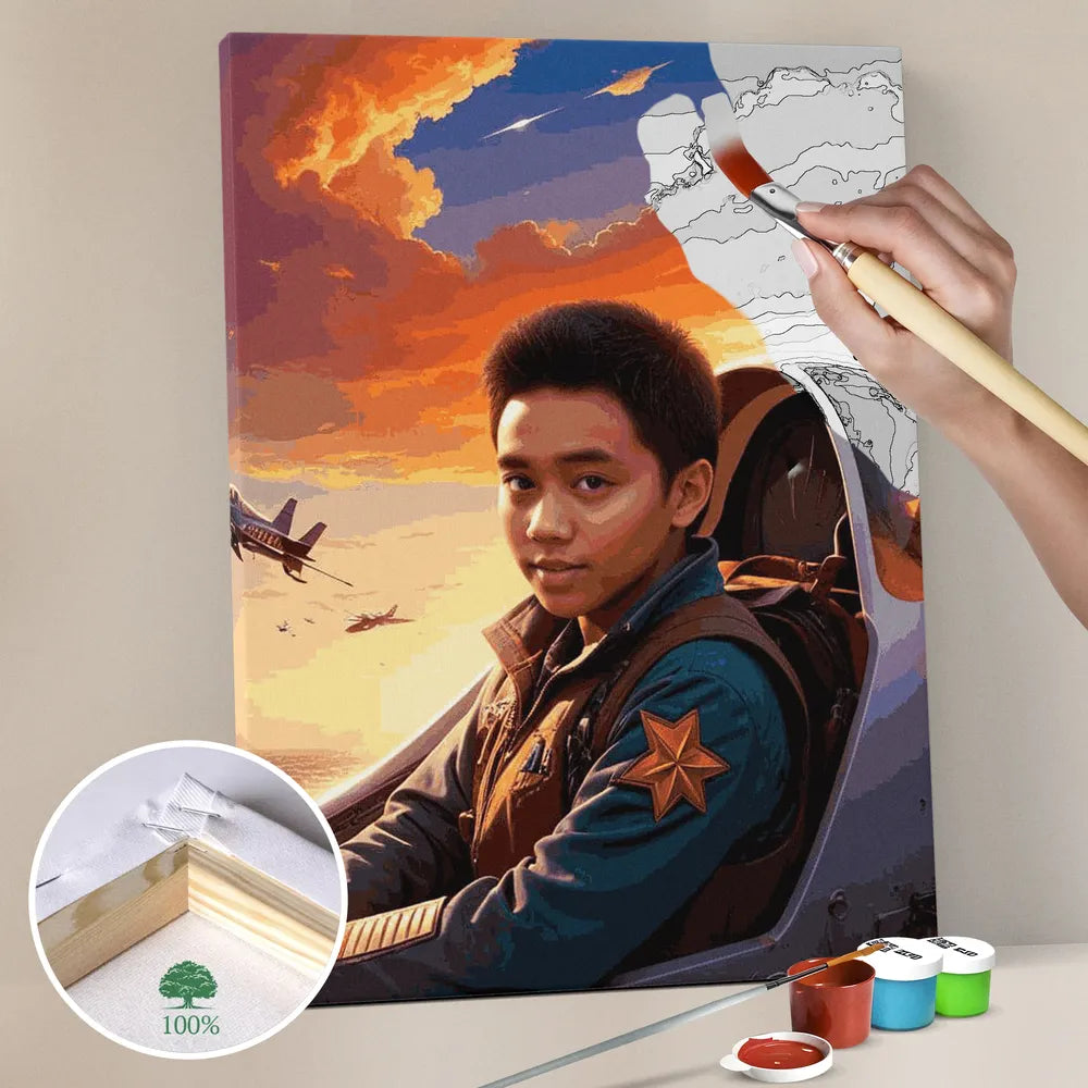 Zestaw do malowania po numerach „Pilot myśliwca o zachodzie słońca”.