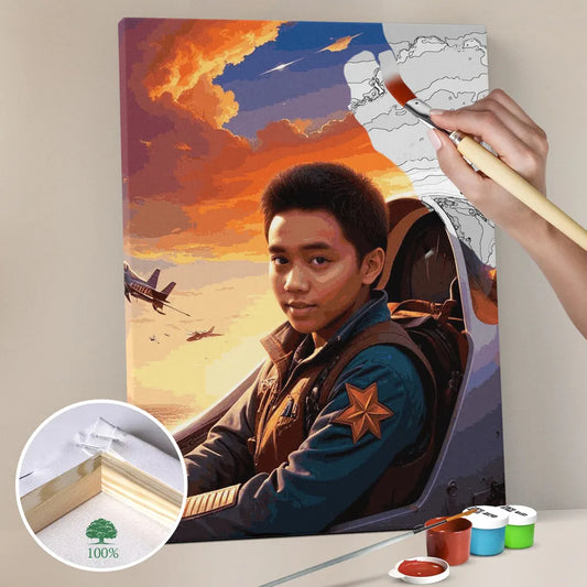 Zestaw do malowania po numerach „Pilot myśliwca o zachodzie słońca”.