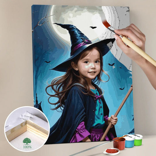 Zestaw do malowania po numerach „Mała czarownica w noc Halloween”.