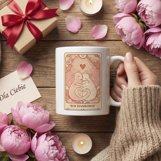 Personalizowany Kubek Tarot – Karta Kochankowie + Wasze Imiona. Magiczny Prezent na Walentynki
