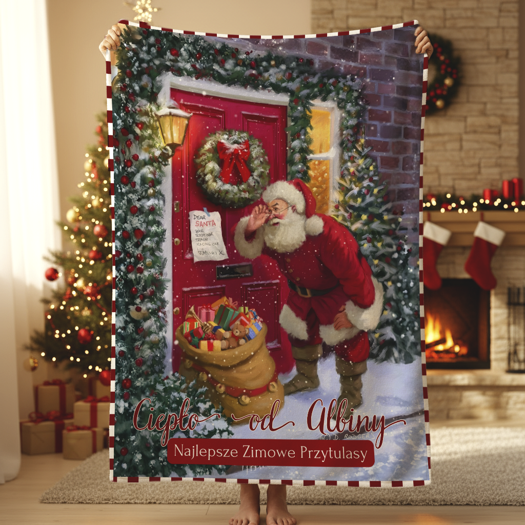 Personalizowany Koc Świąteczny z Mikołajem - Najlepsze Zimowe Przytulasy, Prezent na Święta, Boże Narodzenie, Rodzinny Koc