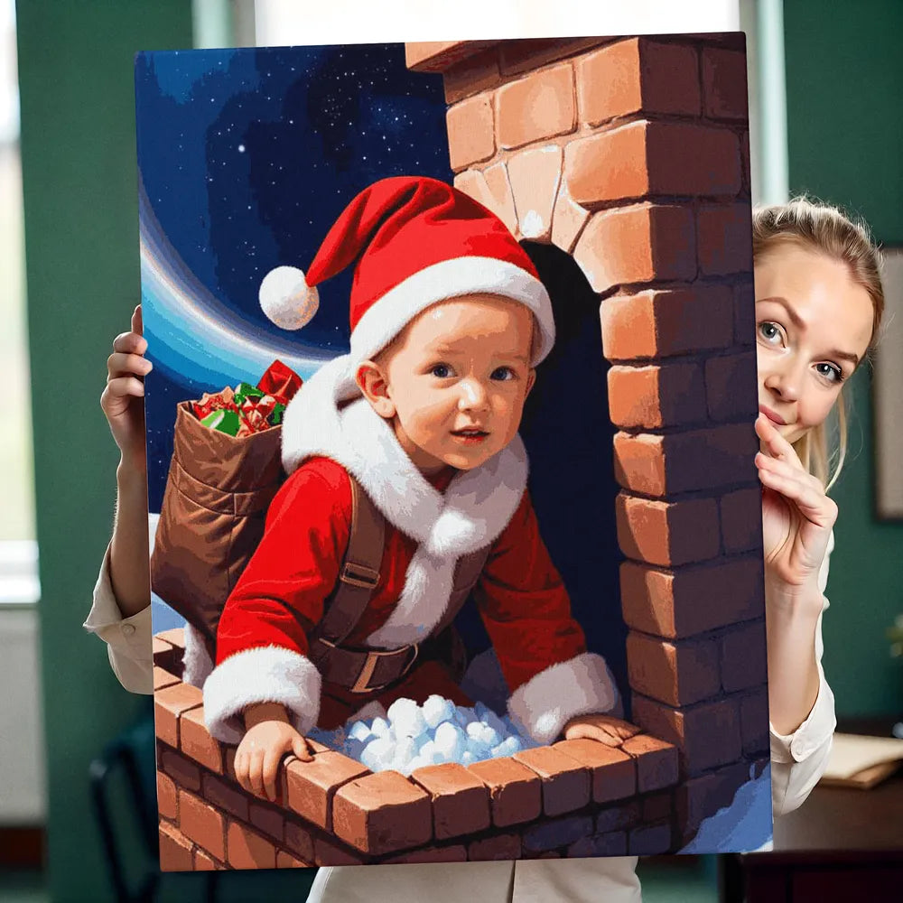 Zestaw do malowania po numerach „Mały Mikołaj na dachu”.