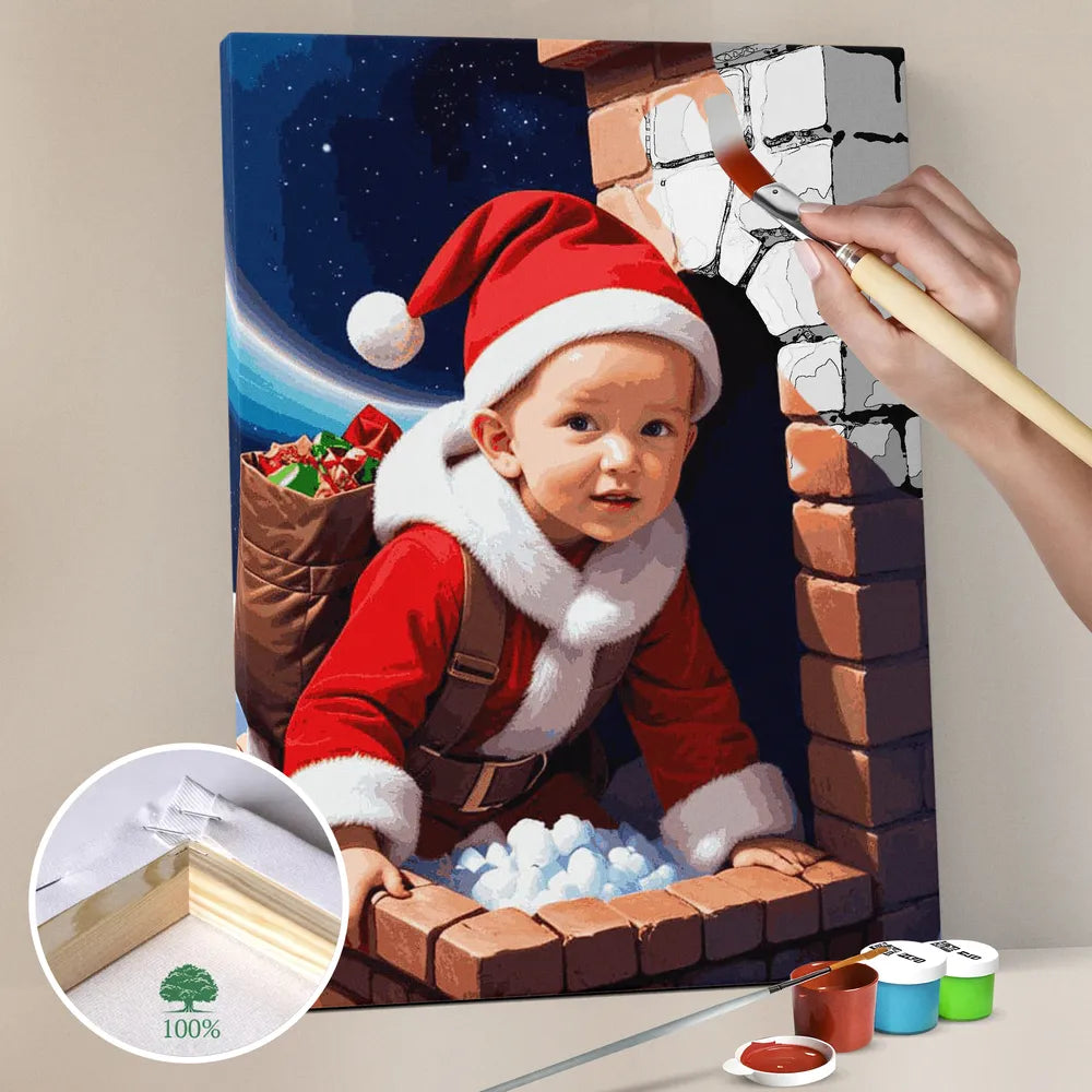 Zestaw do malowania po numerach „Mały Mikołaj na dachu”.