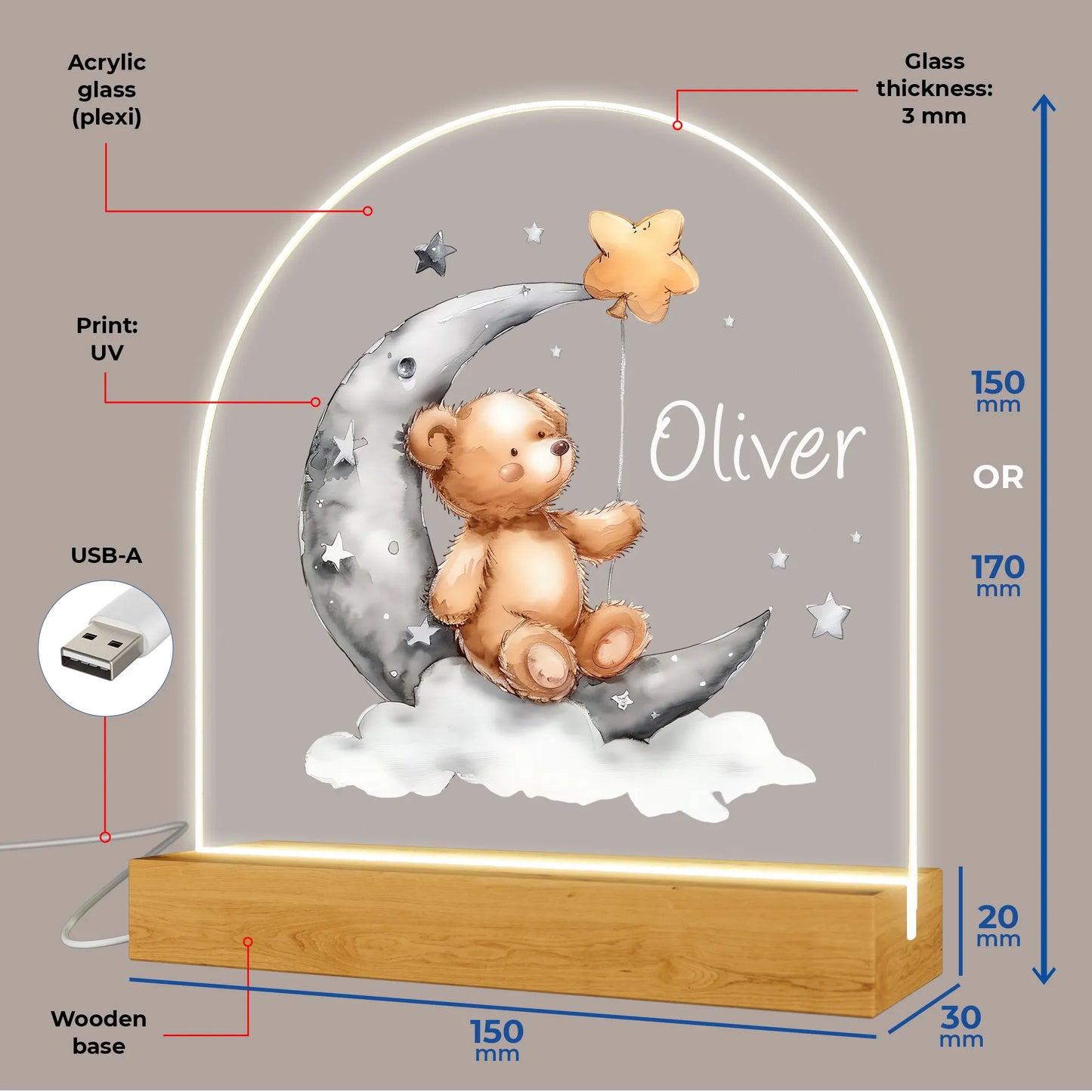 Spersonalizowana lampka nocna z leśnymi zwierzętami, prezent dla dziecka z okazji narodzin