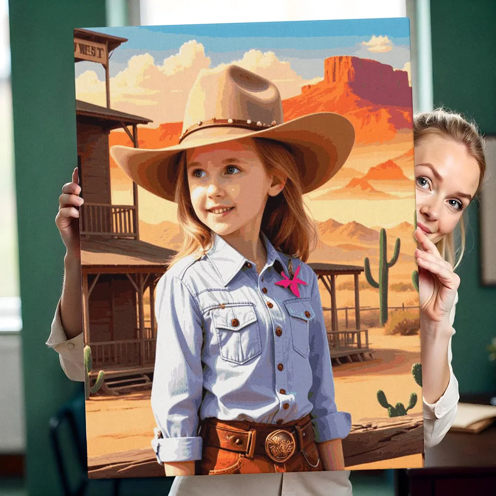 Zestaw do malowania po numerach „Przygoda kowbojki na Dzikim Zachodzie”.