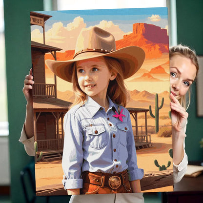 Zestaw do malowania po numerach „Przygoda kowbojki na Dzikim Zachodzie”.