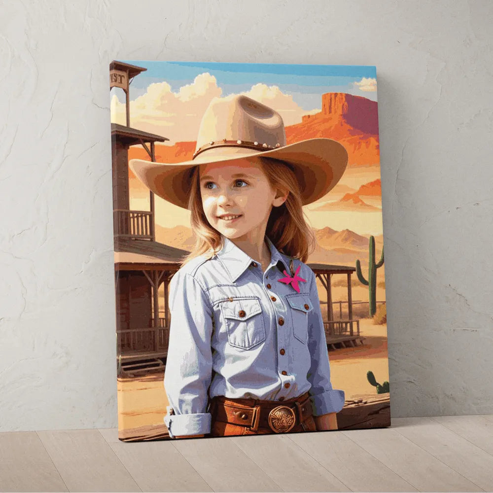 Zestaw do malowania po numerach „Przygoda kowbojki na Dzikim Zachodzie”.