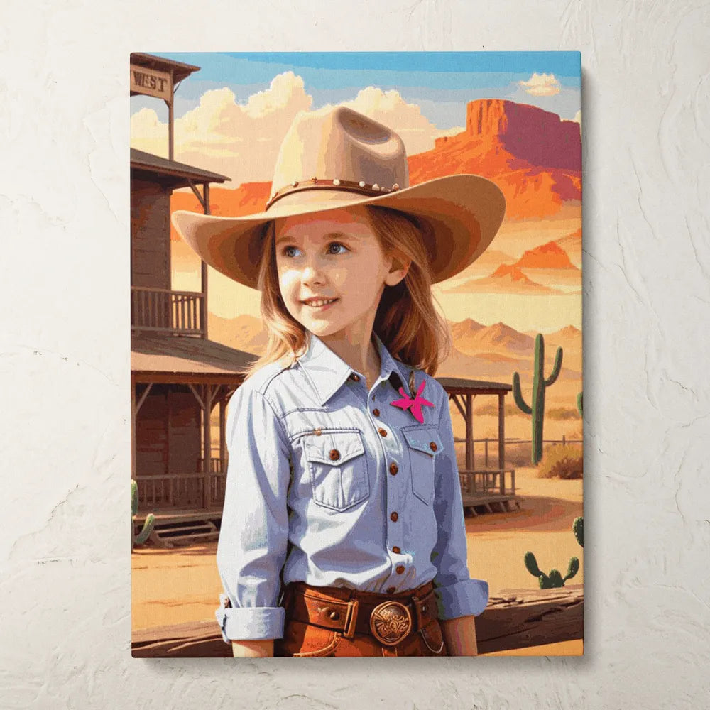 Zestaw do malowania po numerach „Przygoda kowbojki na Dzikim Zachodzie”.