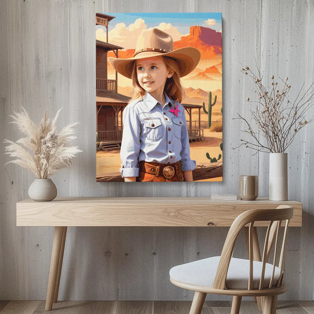 Zestaw do malowania po numerach „Przygoda kowbojki na Dzikim Zachodzie”.