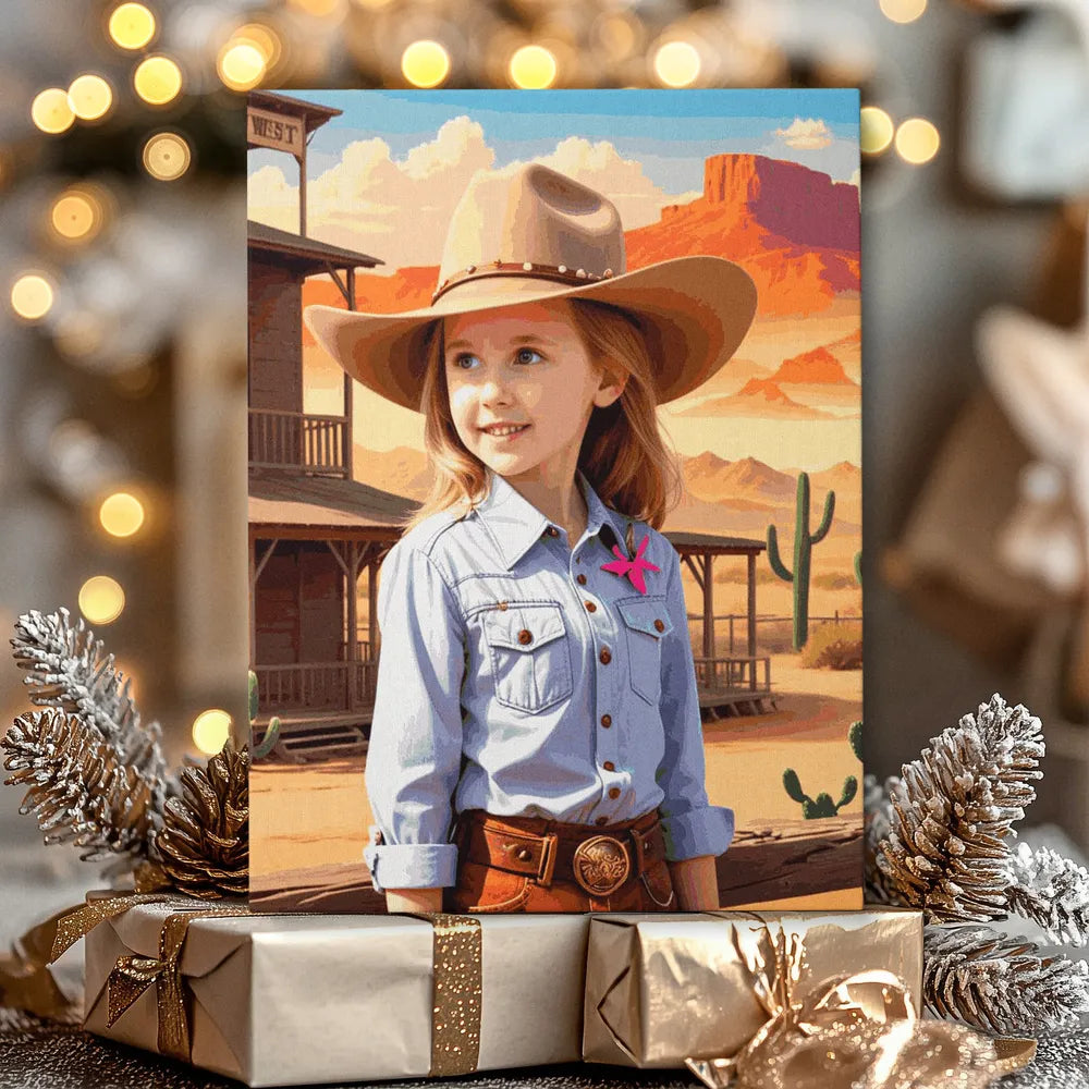 Zestaw do malowania po numerach „Przygoda kowbojki na Dzikim Zachodzie”.